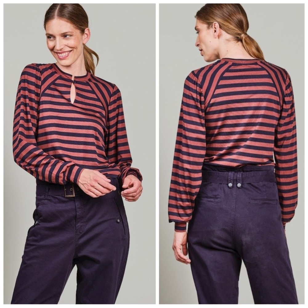 •SUMMUM• Puff Sleeve Long Sleeve Viscose Top in Navy / Pecan‎ Stripe Size XS